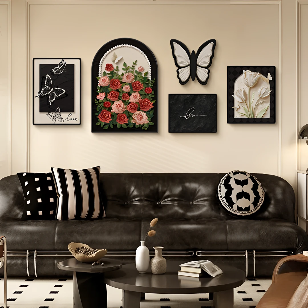 法式复古风客厅装饰画中古风沙发背景墙挂画蝴蝶玫瑰组合壁画轻奢