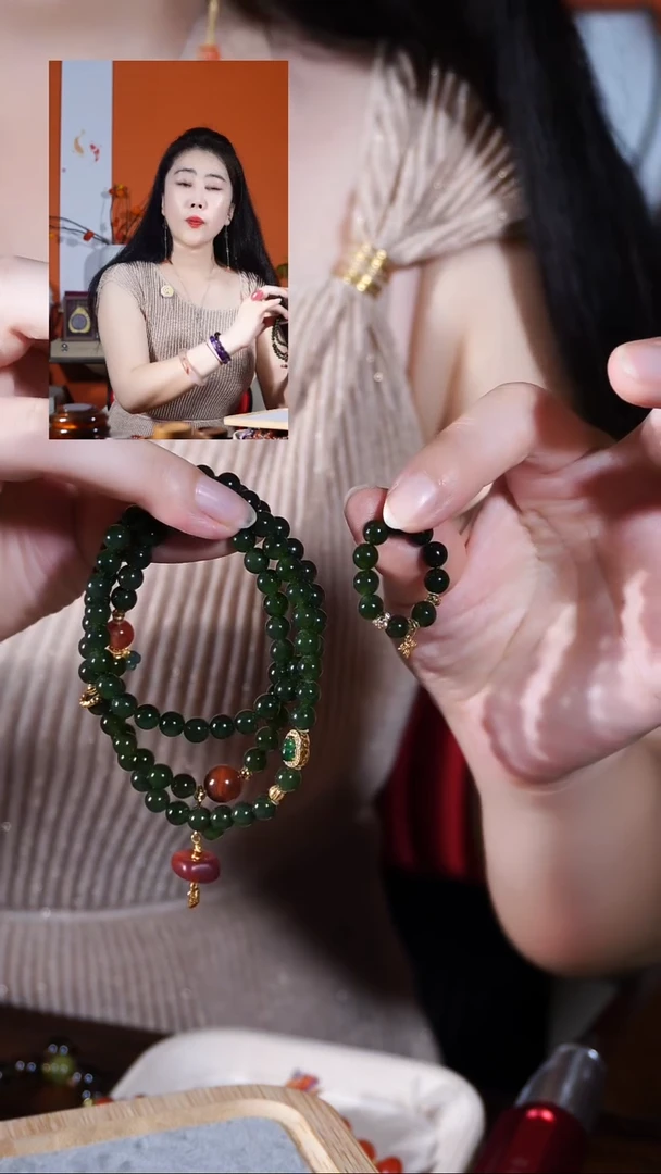 银S925镶嵌手链和田玉（碧玉）菠菜绿手链+戒指