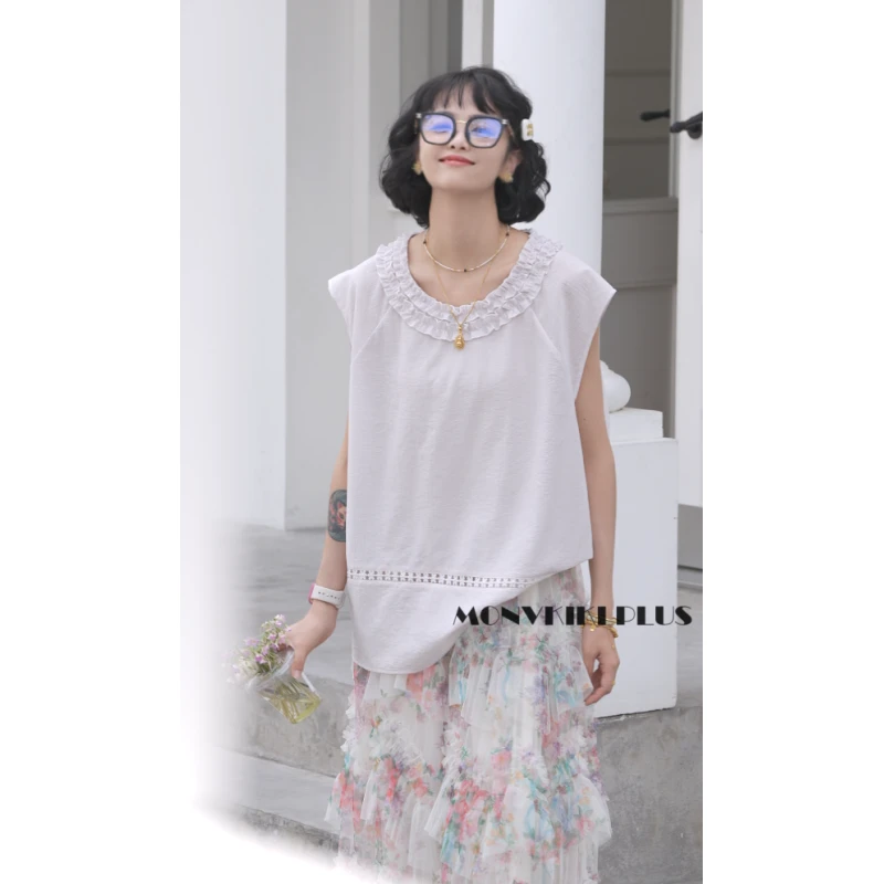 MoNvKiKiPlus2“粉色海洋“大码微胖仙女风木耳边镂空无袖背心#1188