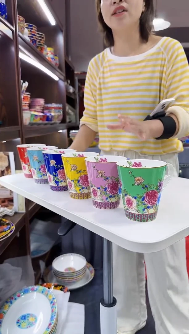 珐琅 牡丹花卉水杯6只装景德镇陶瓷