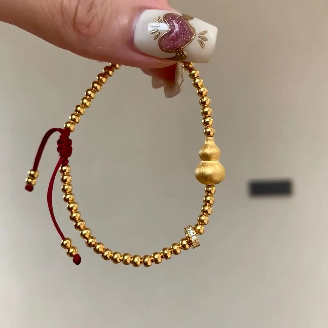 瑞诺黄金葫芦手链新款足金999本命年金珠红绳手链生日礼物送女友