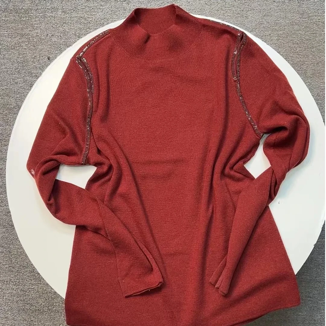 美红家   半高领露肩细羊毛针织衫