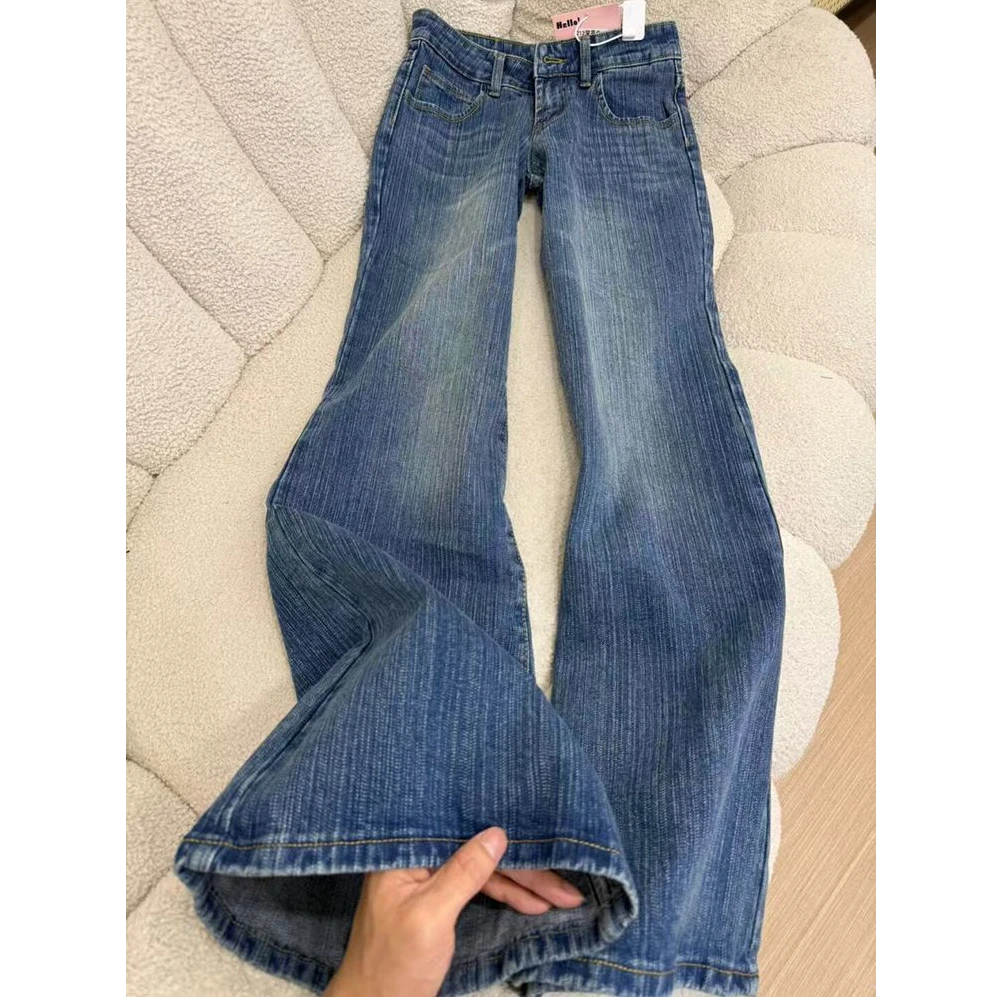 小个子美式辣妹低腰深蓝微喇牛仔裤女夏季新款不贴腿宽松喇叭长裤