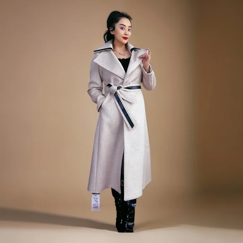 女士轻奢气质新款时尚过膝长款秋冬翻领毛呢羊毛大衣
