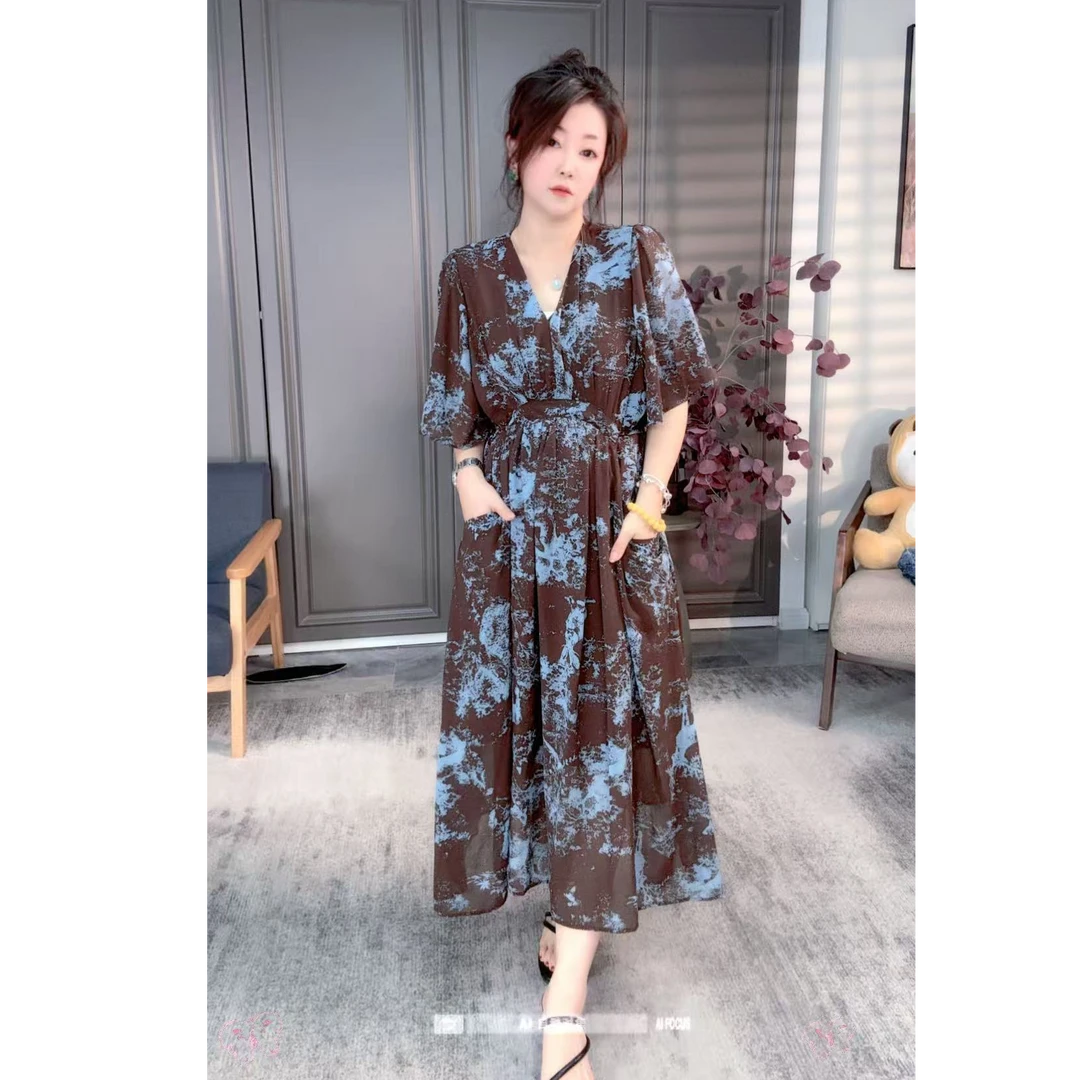 【广州微姐】夏季女士气质时尚轻奢显瘦印花短袖连衣裙8852
