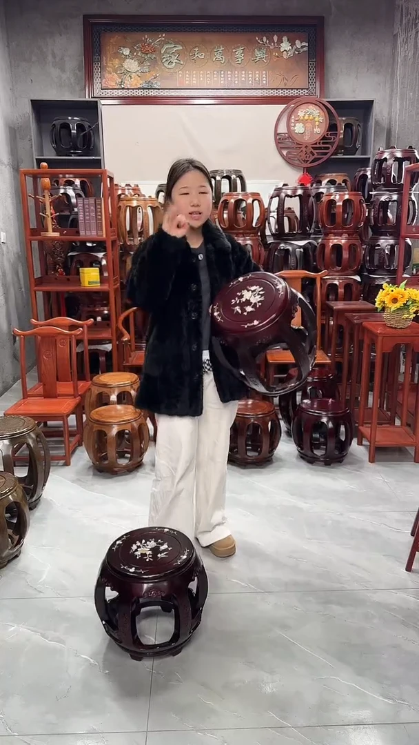 花梨木类家具【贝雕】酸枝色雕花大号鼓凳一对（两条）