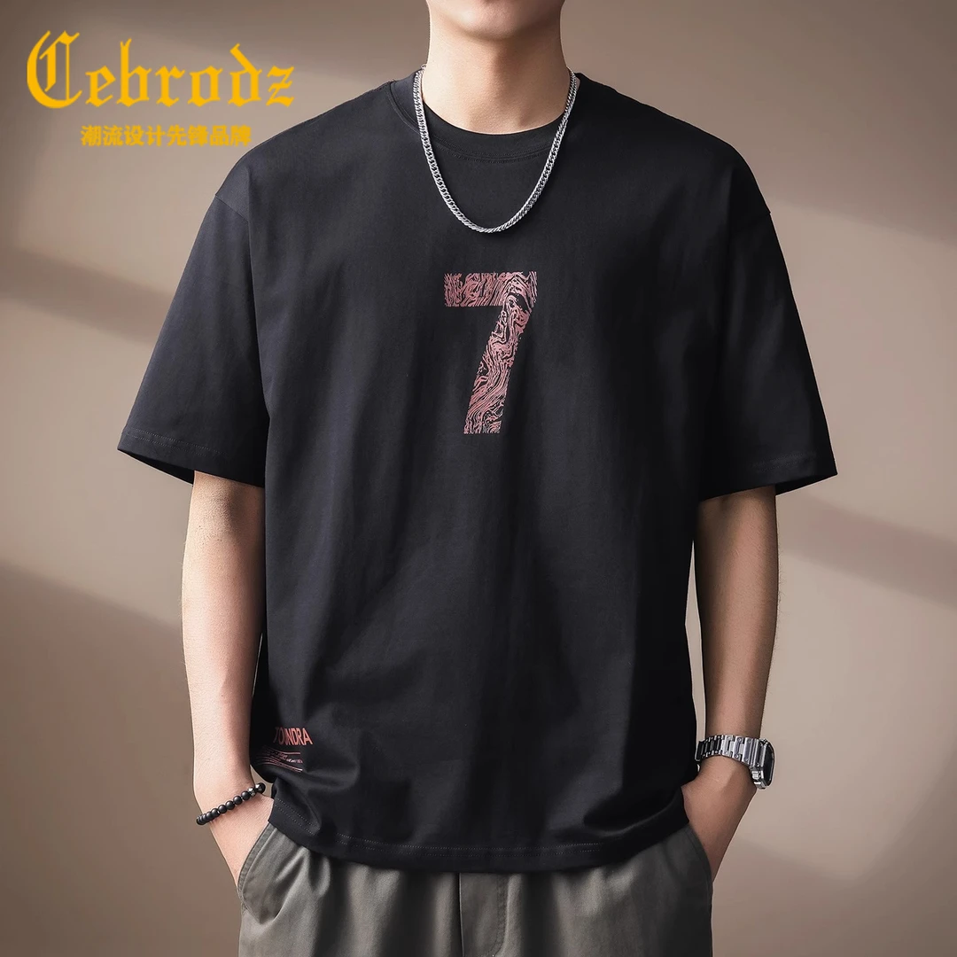 Cebrodz美式复古数字印花短袖T恤男2025夏季新款宽松潮牌半袖体