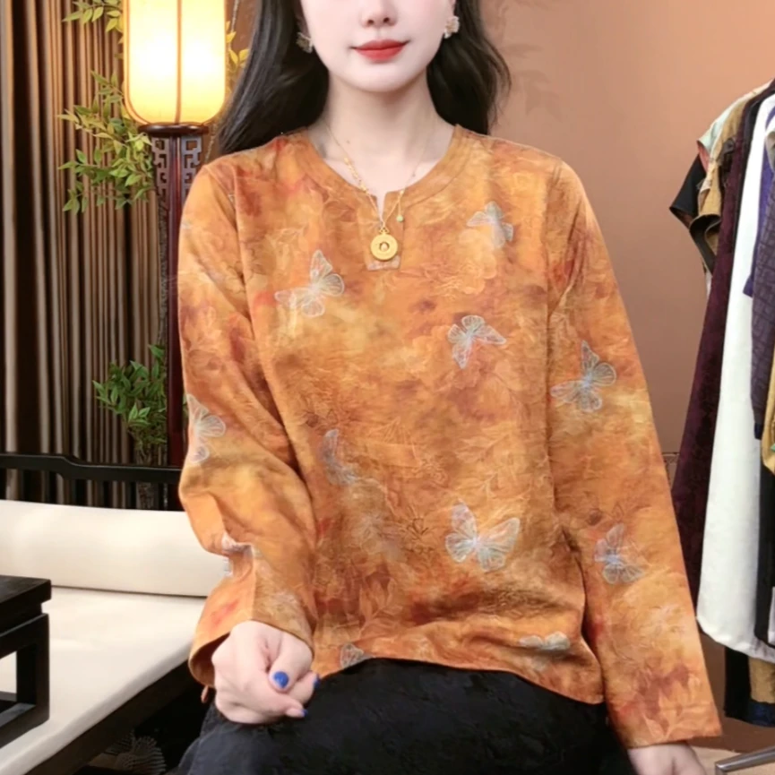 秋季新中式桑蚕丝时尚上衣圆领气质长袖显瘦百搭国风上衣女S181