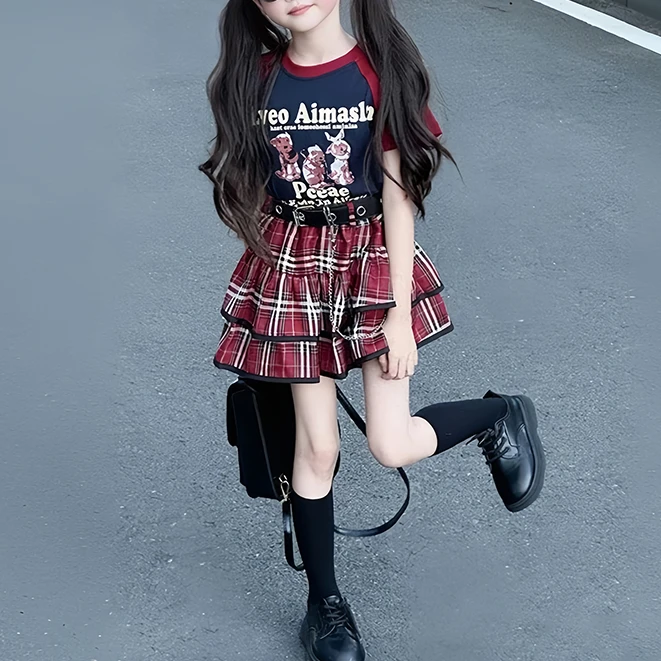 儿童夏装套装2025新款夏季中大童卡通印花短袖洋气格子裙两件套潮