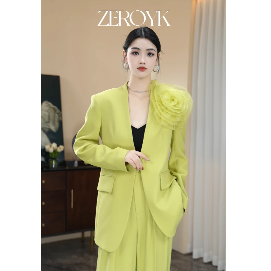 ZEROYK深圳南油原创 桑蚕丝牡丹花 高定款两件套 西裤西装套装