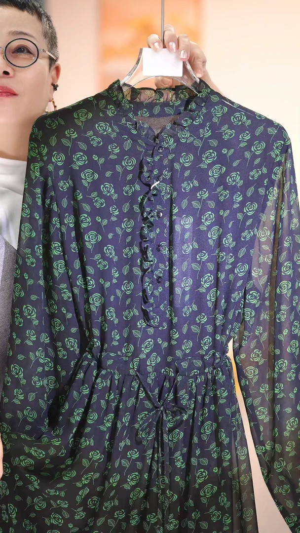 F185【绿玫瑰仙子】新款高定重工轻奢时尚印花气质连衣裙