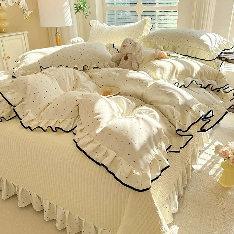 新款小清新花边款床盖四件套四季通用夹棉绗缝床单单人榻榻米炕盖