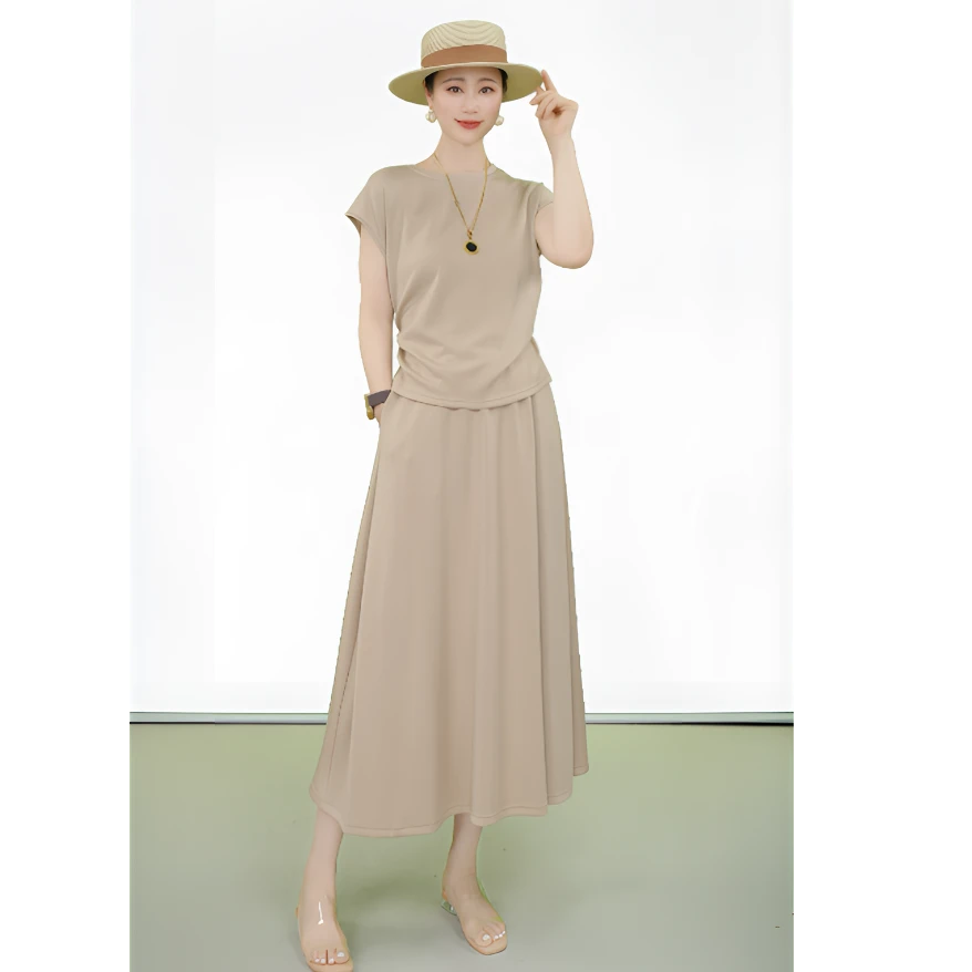 夏季独家设计师定制款轻奢简约显瘦套裙收腰小飞袖上衣+法式长裙