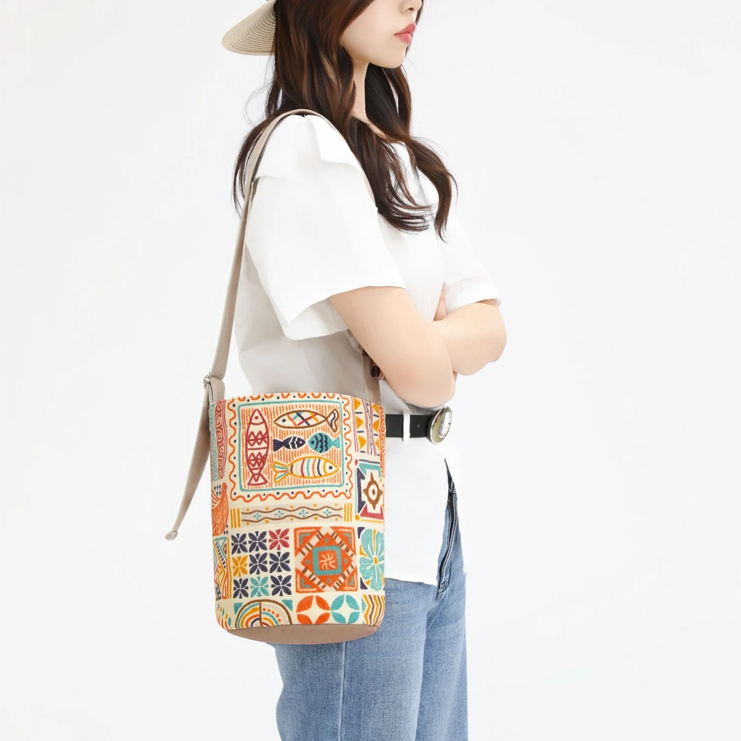 艺术鸭插画师原创文艺风百搭飘带多用水桶单肩斜跨手提小众通勤包