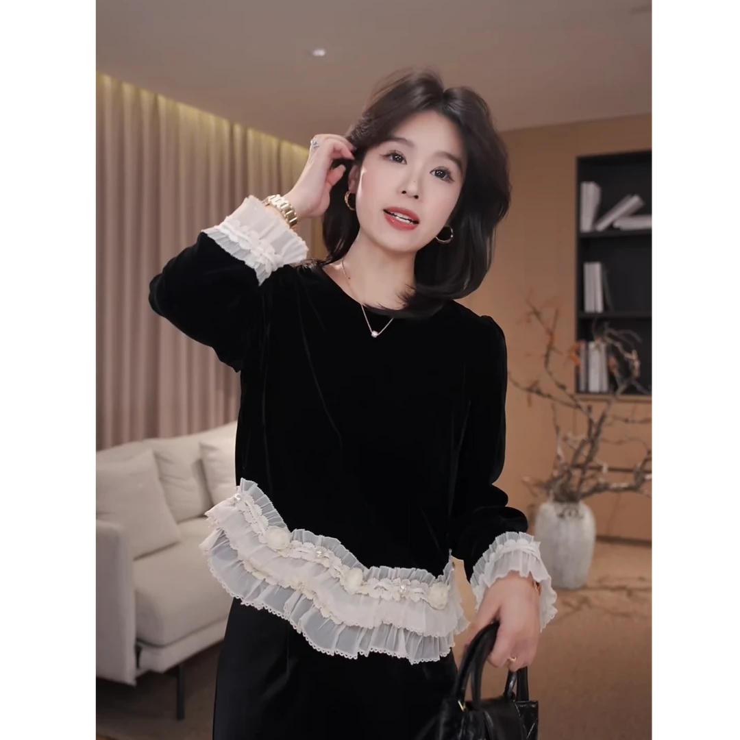 广州琴姐【夜玫瑰】琥珀流光风小众木耳边圆领长袖丝绒上衣女秋178