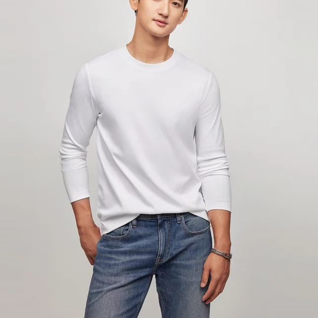 SC25679秋季男装休闲经典小绣标修身打底衫柔软全棉针织长袖T恤