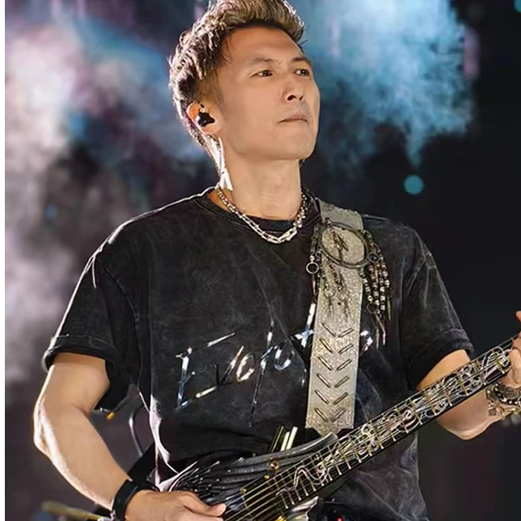 谢霆锋2025演唱会同款周边反光短袖T恤水洗黑重磅纯棉男女上衣