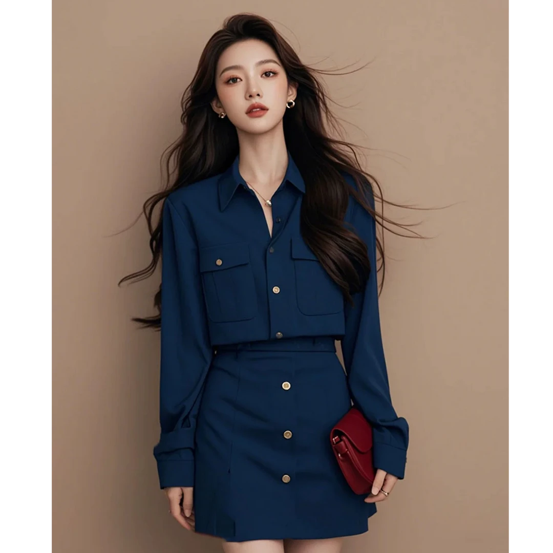 2025新款时尚一整套ootd穿搭小香风藏蓝色两件套装裙女开春季