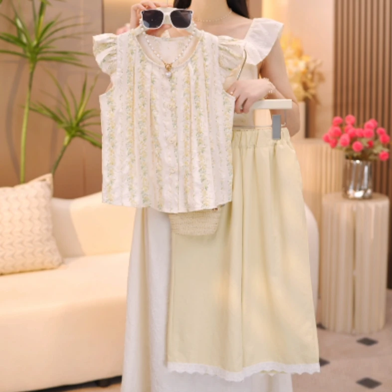 2025新款女童夏装套装洋气甜美碎花小飞袖上衣+休闲裤阔腿裤套装