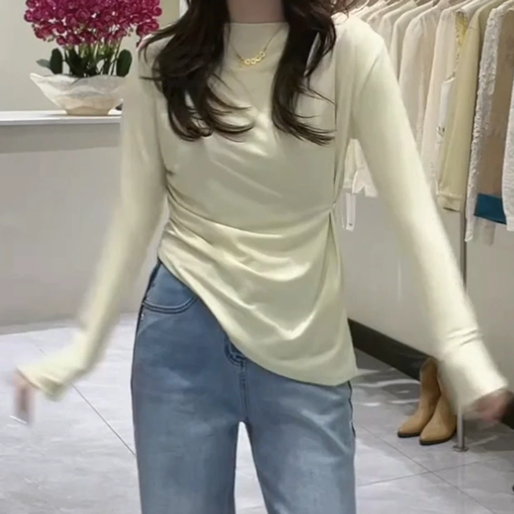 春季纯欲设计感圆领时尚百搭修身一字肩纯色长袖T恤不规则上衣