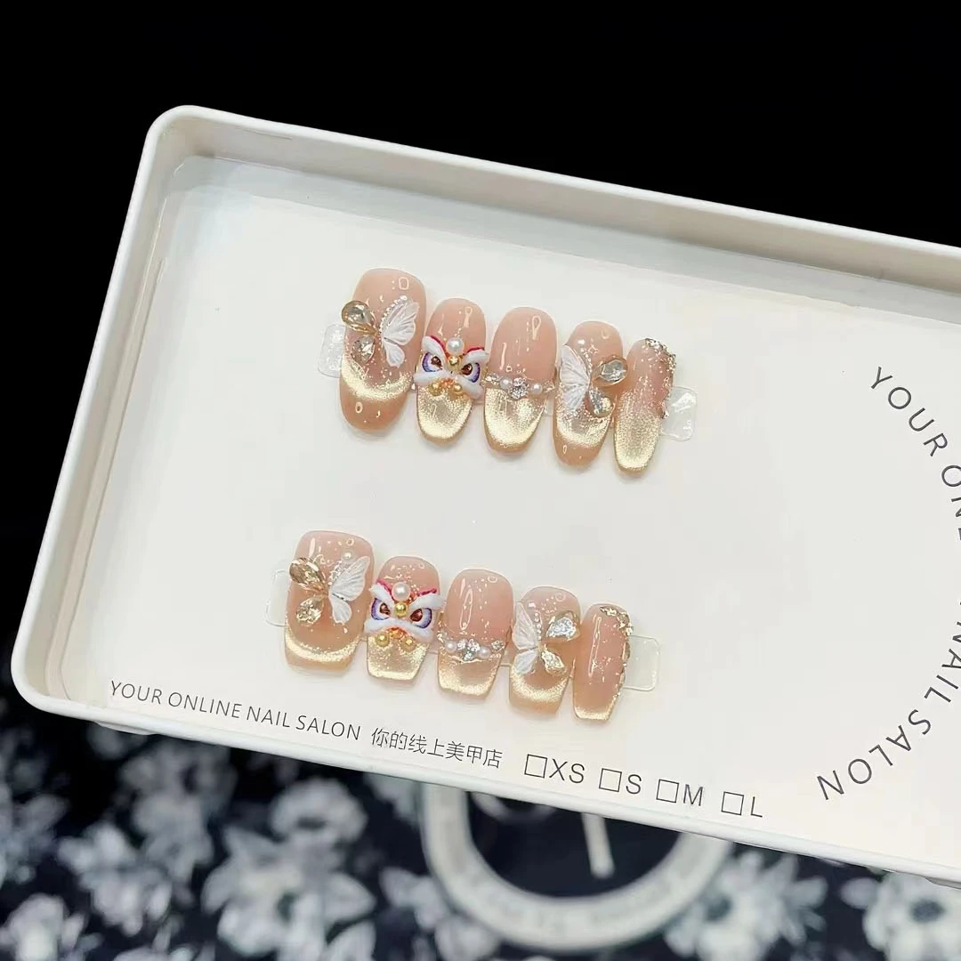 【烫金醒狮】丸子 纯手工穿戴甲美甲贴片可拆卸指甲贴片10片装