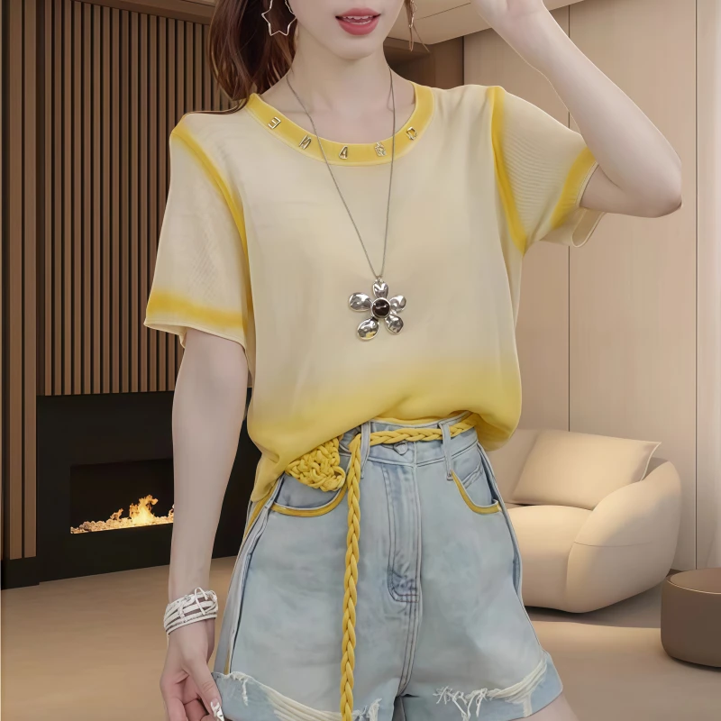 夏季新款圆领晕染撞色冰丝短袖女韩版洋气简约立体字母针织衫上衣
