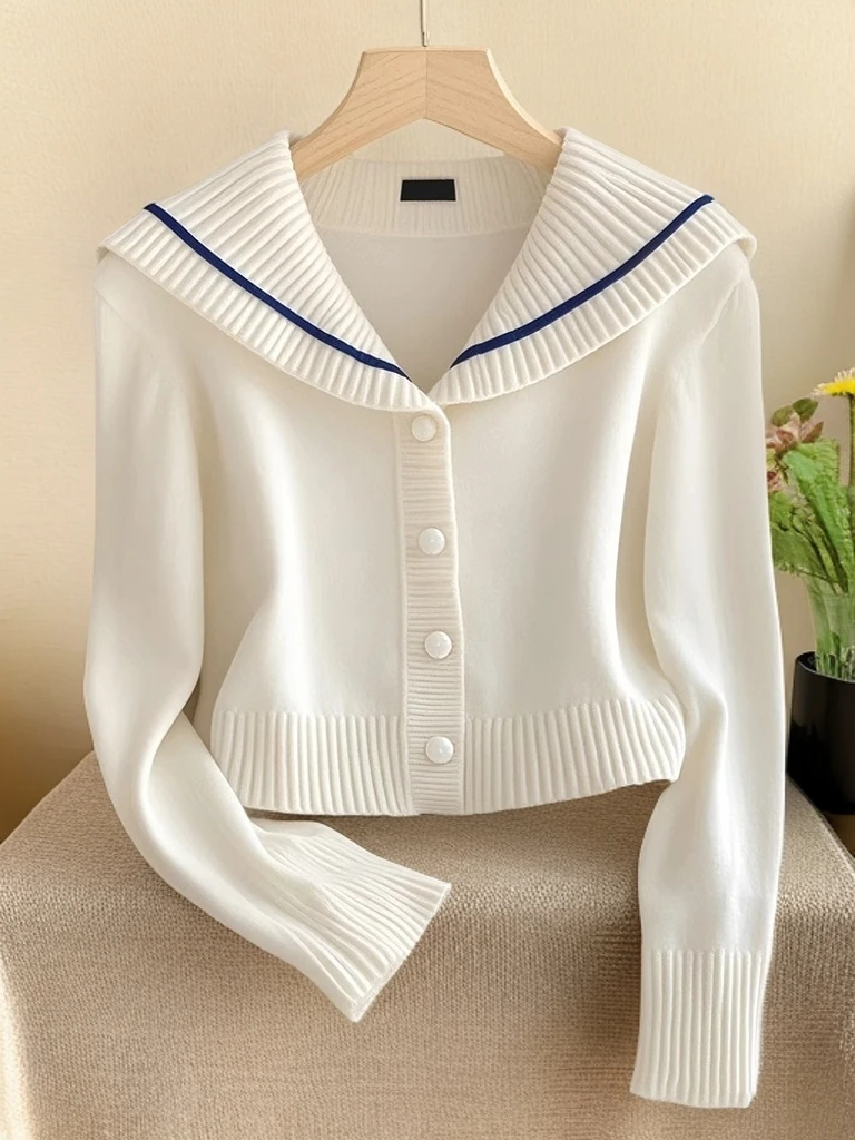 2024新款奶呼呼软糯上衣女高级感米白色海军领设计感毛衣针织衫女
