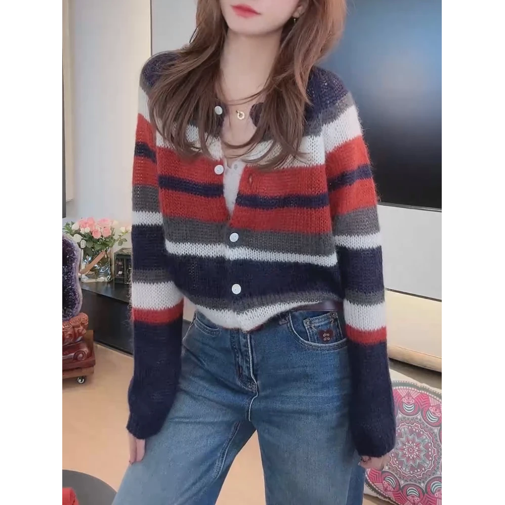彩色条纹针织衫女秋季软糯毛衣2025年时尚新款高级感宽松休闲上衣