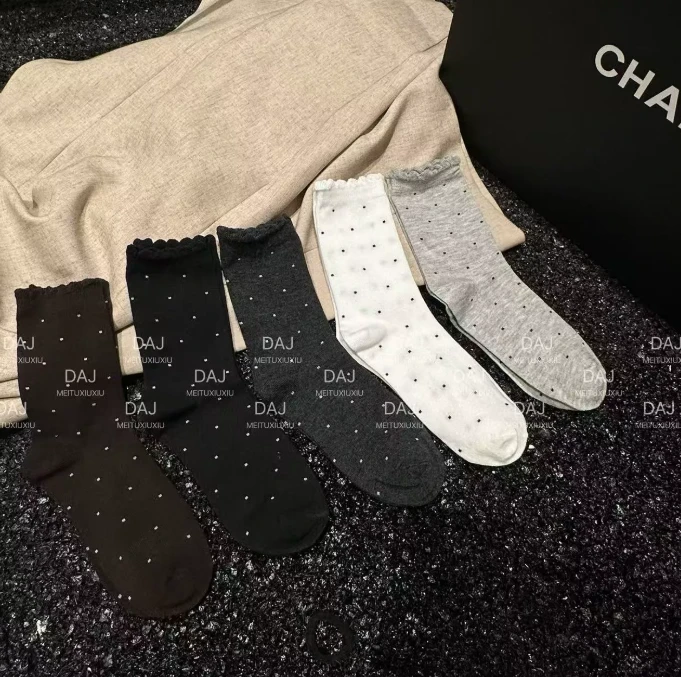 【6双装】木耳边女款中筒袜透气圆点花边堆堆袜波点袜子SW-B931