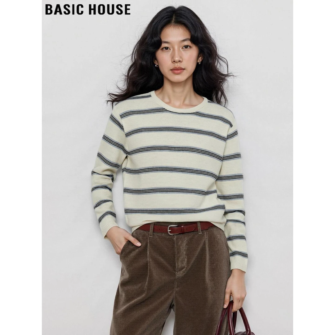 Basic House/百家好复古条纹圆领含羊毛针织衫女2025冬季打底毛衣
