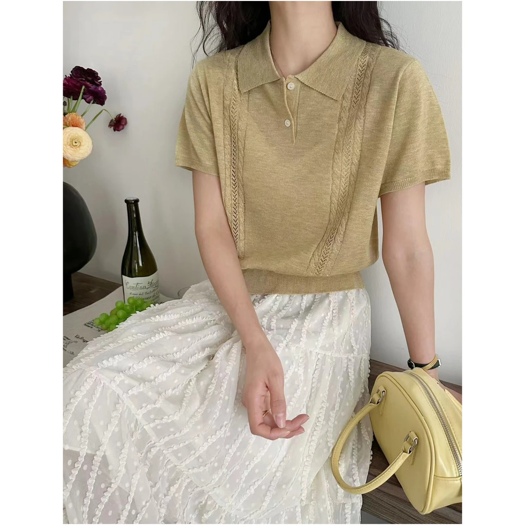H3158【中袖方领两侧麻花针织衫】春季新款韩版polo领女士宽松上衣