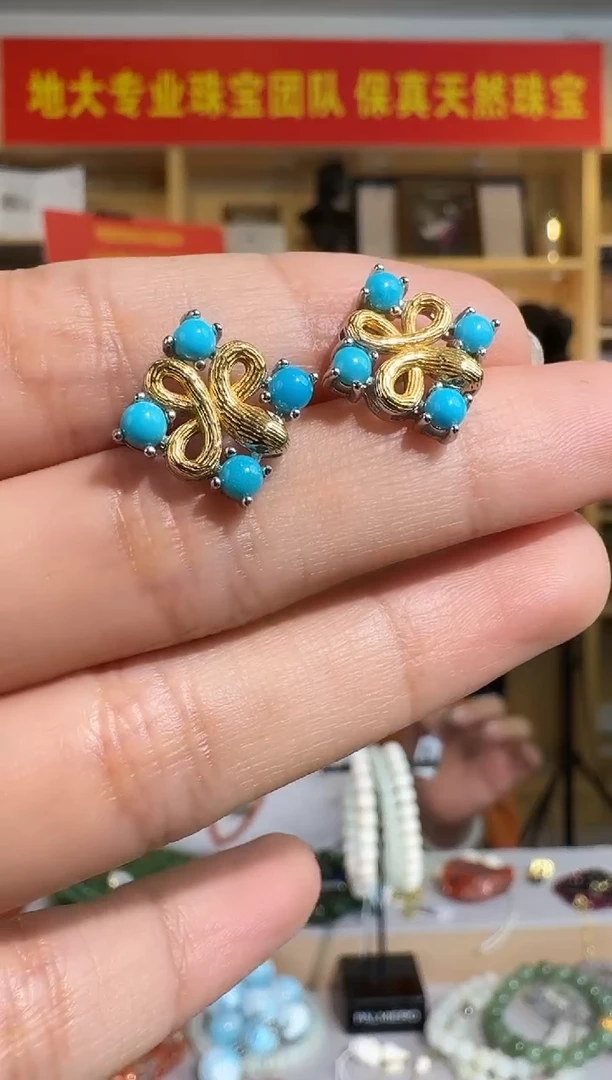 银S925镶嵌绿松石耳钉四方灵蛇天然绿松石耳钉