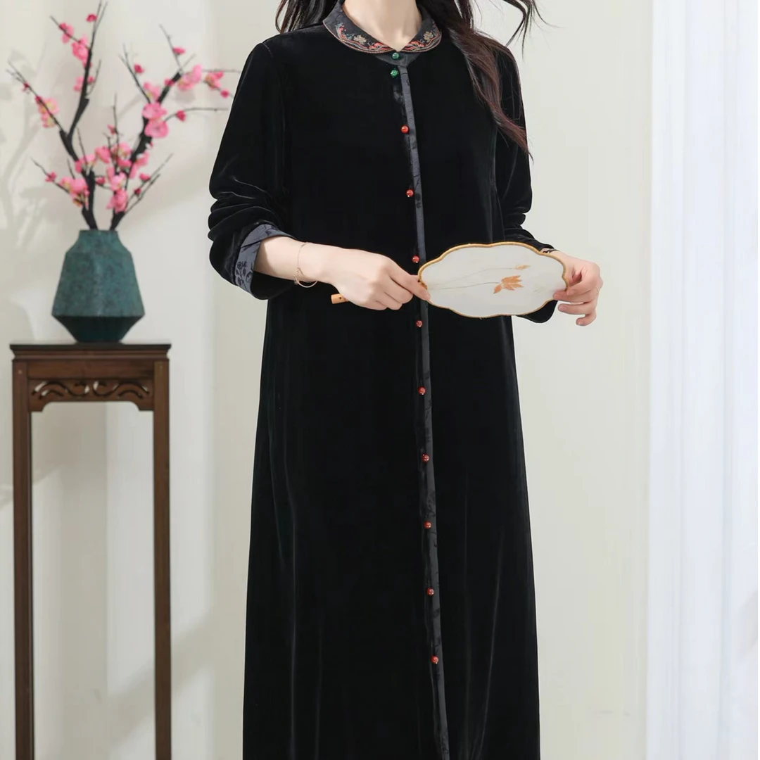 芹 新中式风 丝绒 连衣裙 835 黑色 L