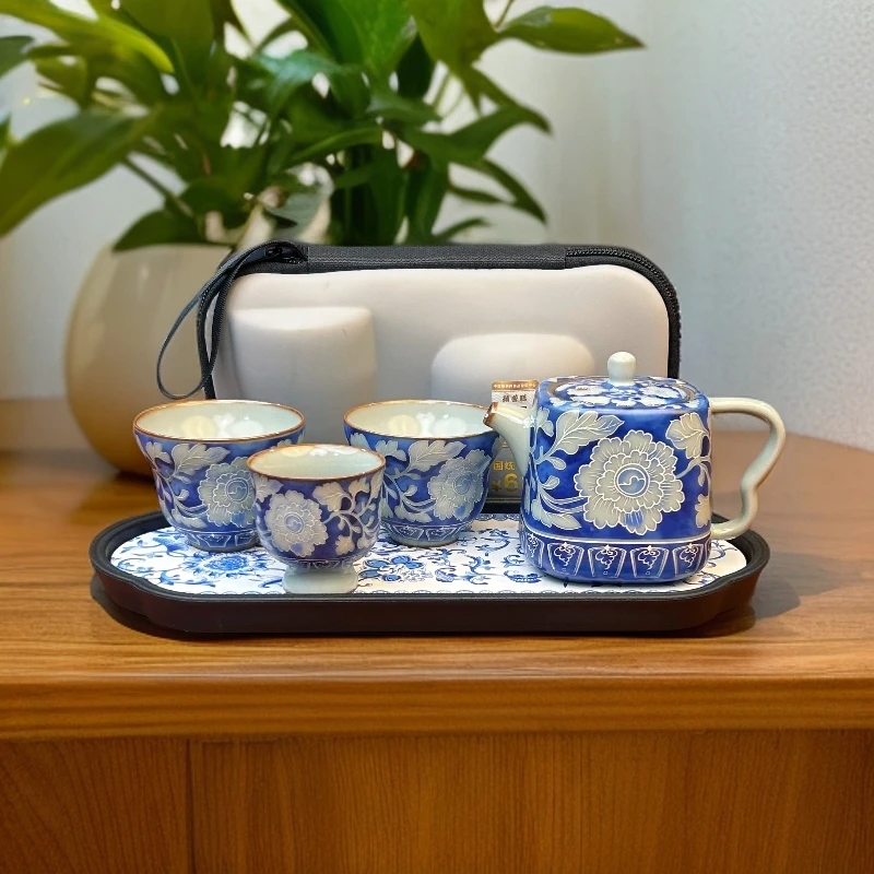 ZH3652汝窑青花双耳壶快客旅行套+茶盘