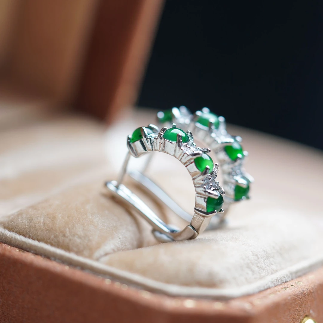 天然A货翡翠蛋面百搭气质时尚耳扣 银色