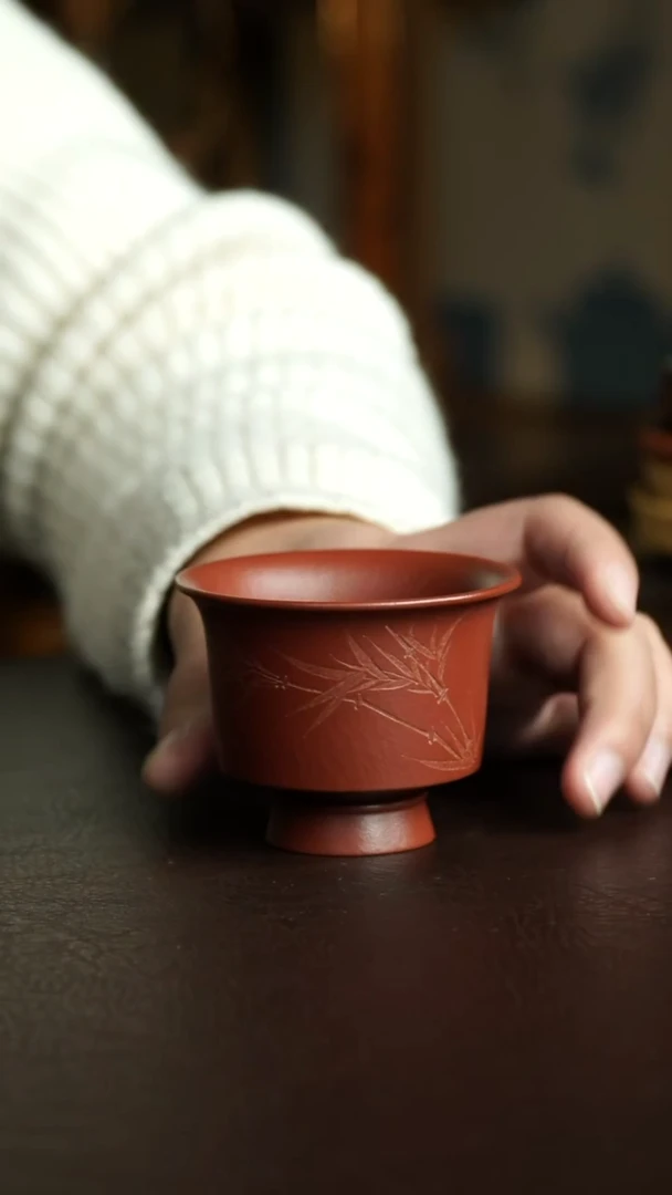 茶杯紫砂6号 朱泥手刻系列主人杯 宜兴紫砂原矿作品