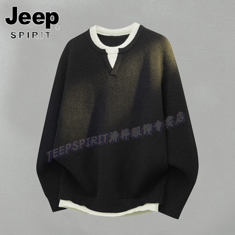 Jeep吉普春秋季复古针织衫设计感圆领纯色假两件宽松套头男士毛衣