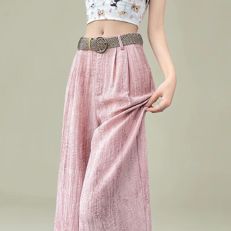 居幻粉色冰丝扎染棉麻阔腿裤子女夏亚麻高腰垂感休闲山本裤宽松