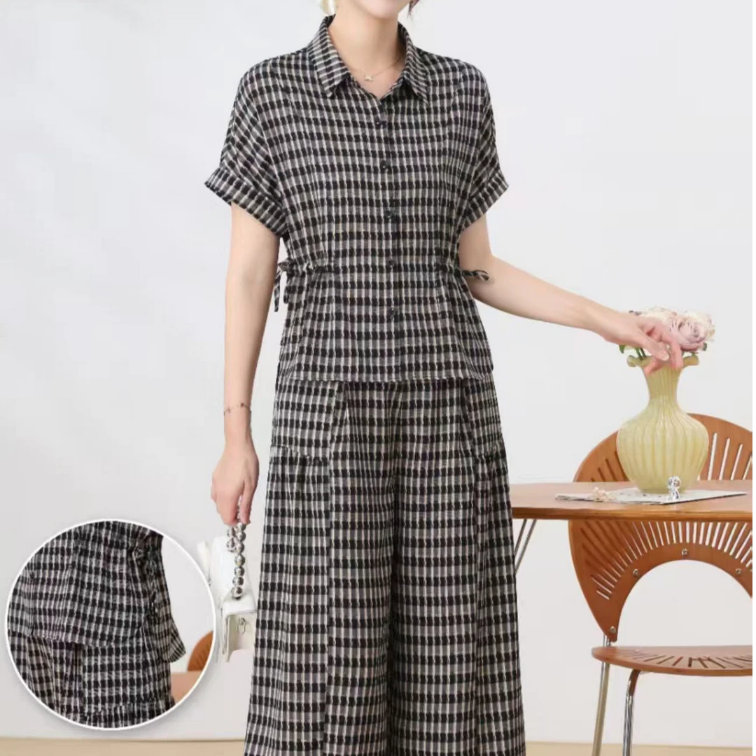 F010夏季优雅时尚洋气显瘦气质套装两件套简约格纹套装上衣+裤子