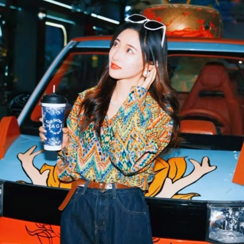 【琦琦】复古玫瑰花上衣2025年春夏季新款港式宽松显瘦长袖花衬衫女