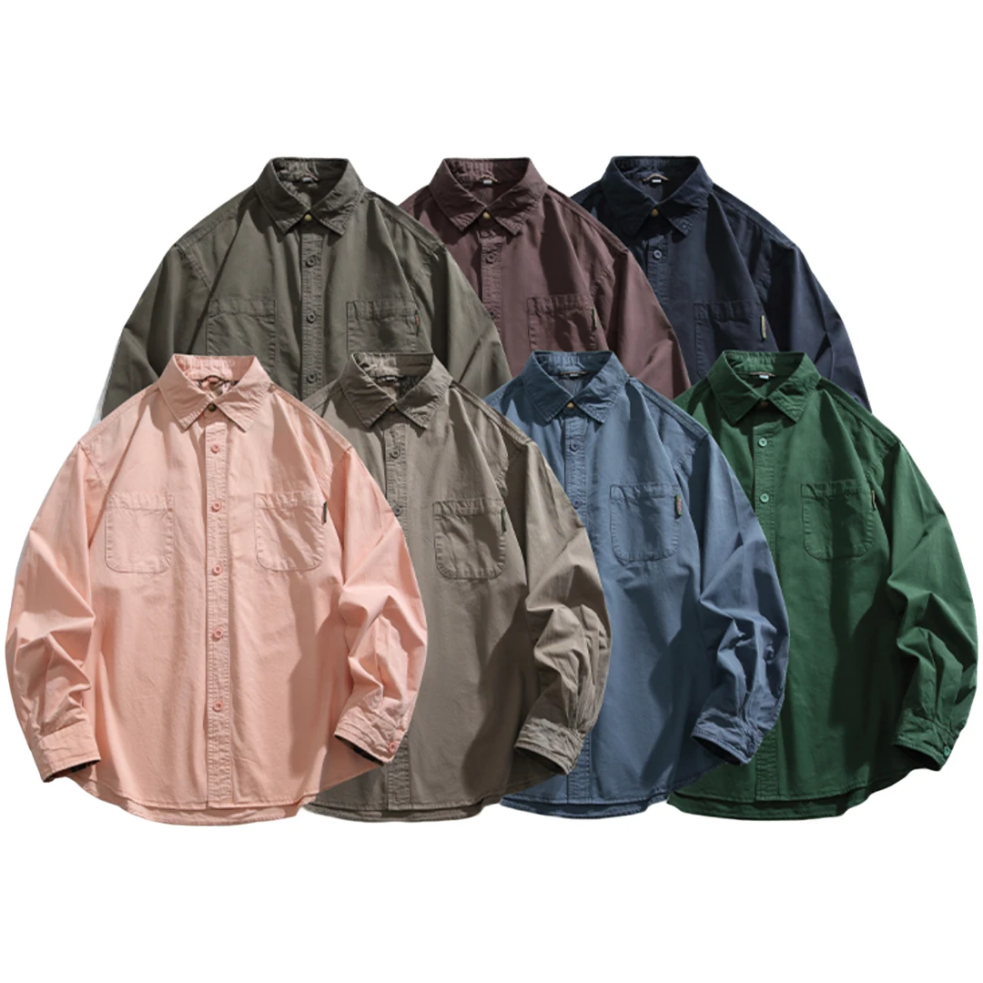 宽松型长袖青春流行美式衬衫水洗春季秋季男装极简风