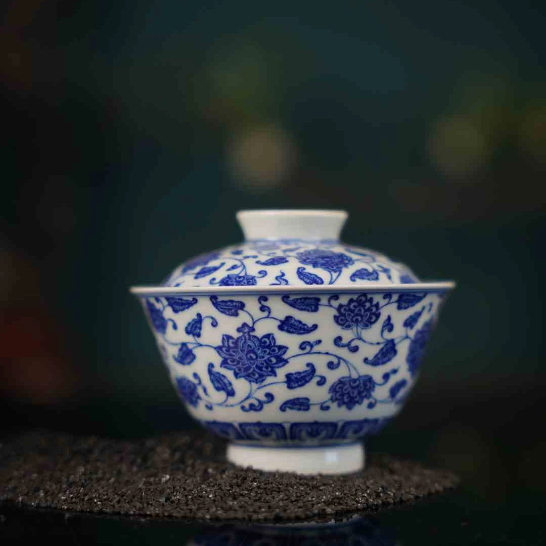 觉山隐窑青花蓬莱宝莲盖碗德镇陶瓷高端茶具包邮