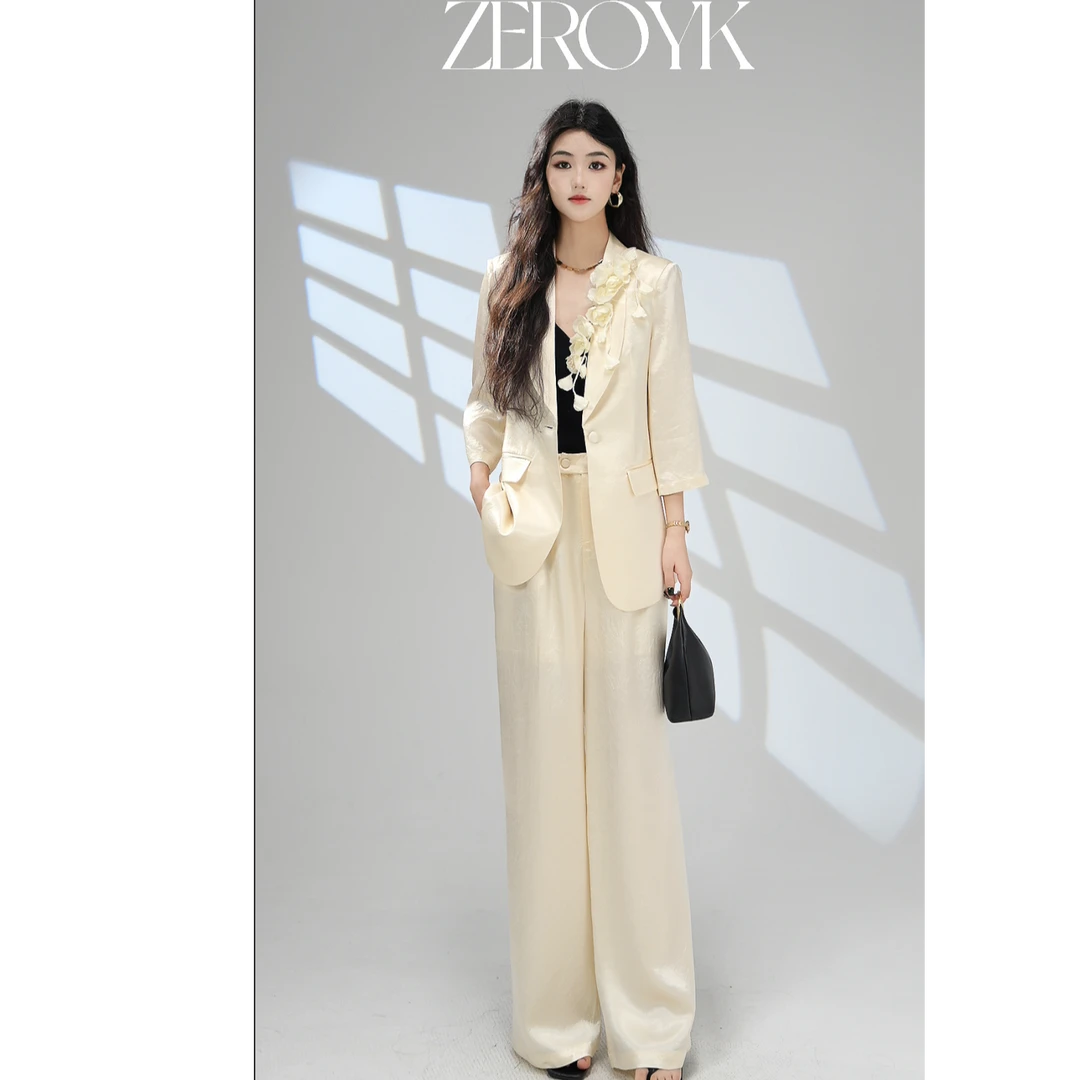 ZEROYK深圳南油原创手工花中袖醋酸套装