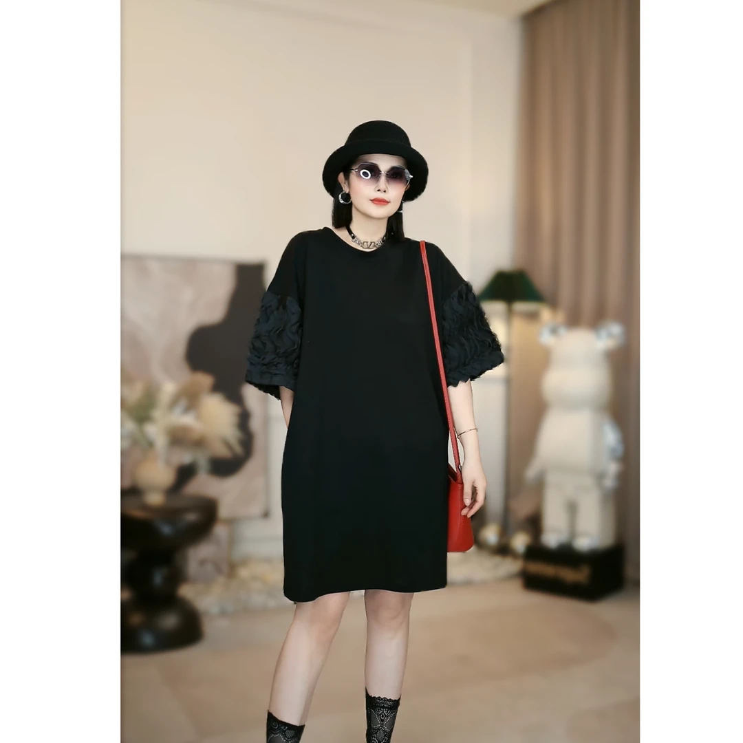 C&G欧货设计师款新款时尚个性刺绣花短袖圆领中长款气质款T裙