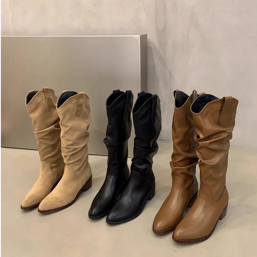 棕色V口长筒靴女2025秋季新款粗跟绒面高筒骑士靴爆款西部堆堆靴