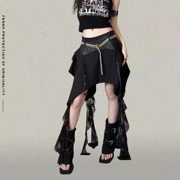 2025夏季新款设计款拼皮蕾丝不规则裙个性