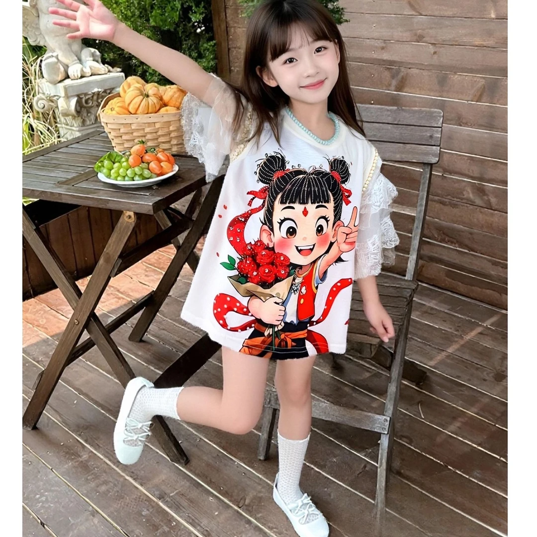 MN女童夏款哪吒公主T裙2025新款洋气女孩烫钻亮闪闪连衣裙哪吒裤