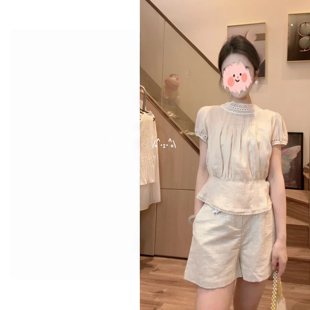 法式蕾丝拼接泡泡短袖衬衫+短裤宽松显瘦百搭套装