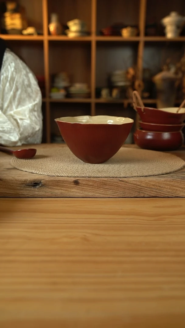 复古红系列的7英寸手捏荷叶边面碗1个