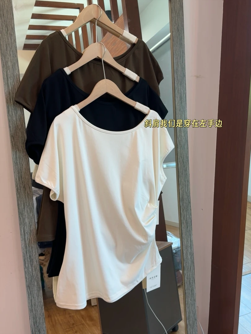 CT287#【轻氧浅夏】夏季大码斜肩显瘦短袖T恤